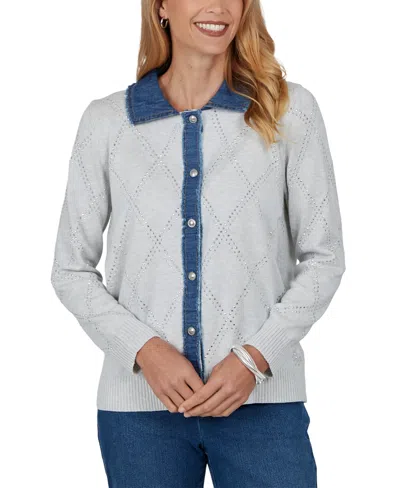 Alfred Dunner Women's Long-sleeve Button-front Cotton-blend Cardigan In Grey