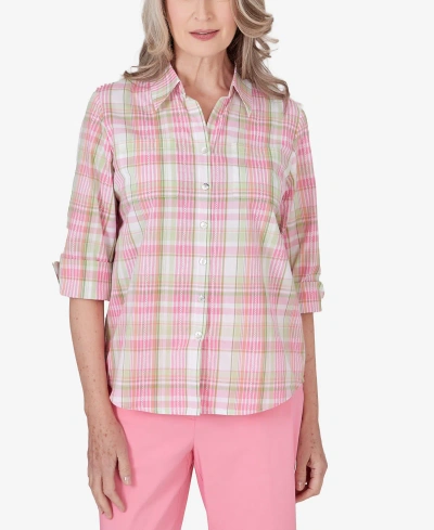 Alfred Dunner Women's Miami Beach Button Down Plaid Blouse Top In Multi