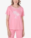 ALFRED DUNNER WOMEN'S MIAMI BEACH EMBROIDERED PALM TREE SHORT SLEEVE TOP