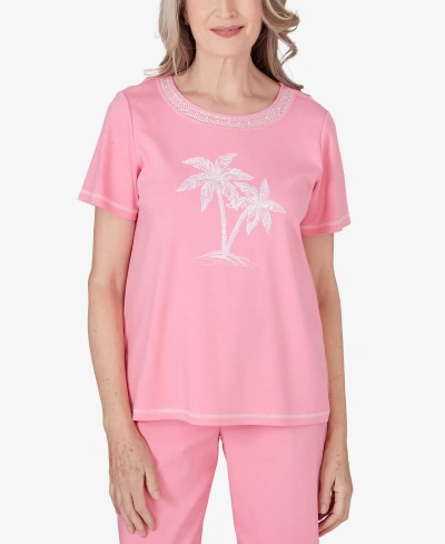 Alfred Dunner Women's Miami Beach Embroidered Palm Tree Short Sleeve Top In Pink