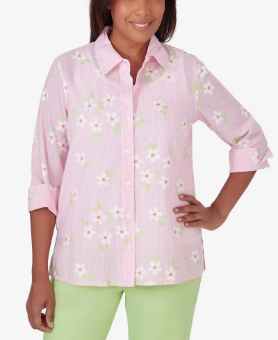 Alfred Dunner Women's Miami Beach Pinstripe Floral Embroidery Blouse Top In Pink