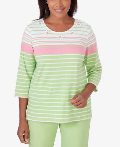 Alfred Dunner Plus Size Miami Beach Striped Top With Beaded Floral Details In Multi