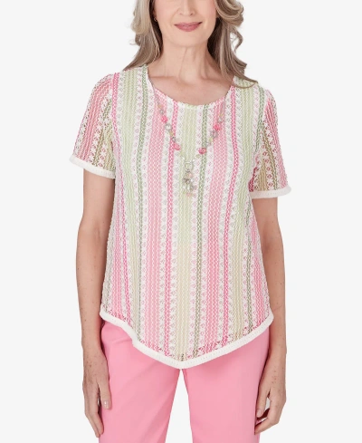 Alfred Dunner Plus Size Miami Beach Vertical Striped Top With Necklace In Multi