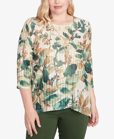 Alfred Dunner Women's Mount Laurel Abstract Leaf Sharkbite Hem Top With Necklace In Green