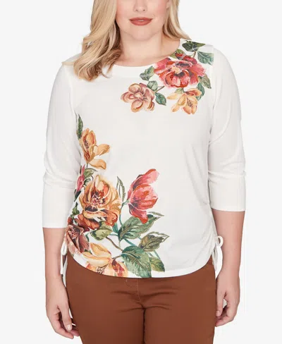 Alfred Dunner Women's Mount Laurel Asymmetric Floral Side Tie Top In White