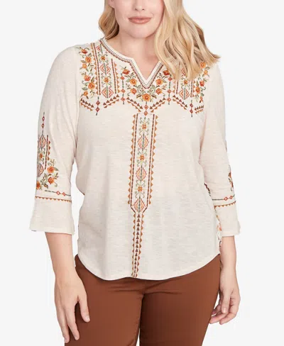 Alfred Dunner Women's Mount Laurel Geometric Floral Embroidery Printed Top In Brown