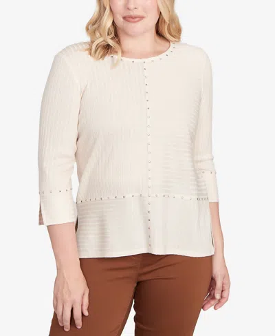 Alfred Dunner Women's Mount Laurel Heat Set Embellished Solid Top In Brown