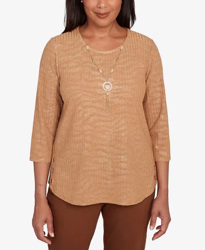 Alfred Dunner Women's Mount Laurel Shimmer Animal Jacquard Top With Necklace In Brown