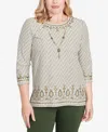 Alfred Dunner Women's Mount Laurel Textured Medallion Bordered Top With Necklace In Neutral