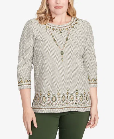 Alfred Dunner Women's Mount Laurel Textured Medallion Bordered Top With Necklace In Neutral