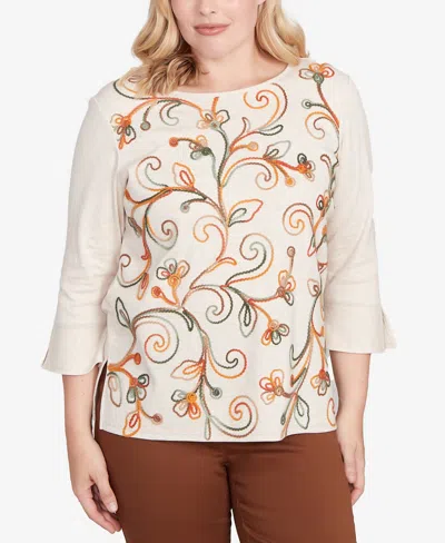 Alfred Dunner Women's Mount Laurel Textured Scroll Embroidered Top In Brown