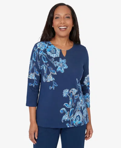 Alfred Dunner Women's Mykonos Asymmetrical Floral Split Beaded Neck Top In Blue