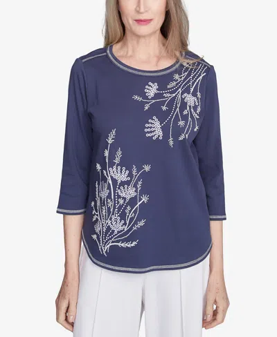 Alfred Dunner Women's Nantucket Asymmetric Floral Embroidered Crew Neck Top In Marine Blue