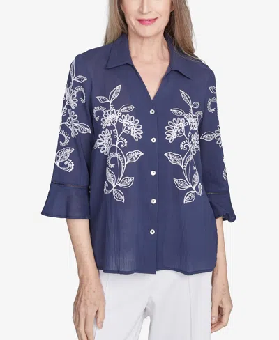 Alfred Dunner Petite Nantucket Embroidered Marine Button Front Collared Neckline Top In Marine Blue