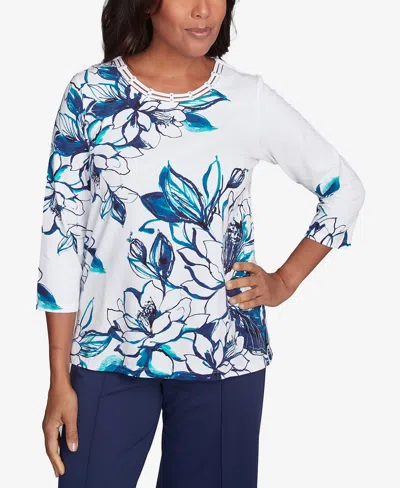 Alfred Dunner Women's Nantucket Fineline Floral Three Quarter Sleeve Top In Marine Multi