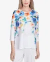 Alfred Dunner Petite Nantucket Textured Floral Neckline Top In Marine Multi