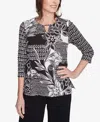 Alfred Dunner Plus Size Natural Instinct Monotone Patch Beaded Split Neck Top In Black