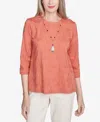 Alfred Dunner Petite Solid Leaf Embroidered Top With Necklace In Copper