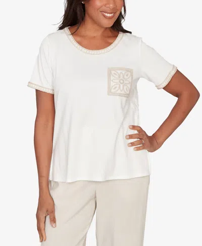 Alfred Dunner Women's Natural Wonder Crochet Pocket Short Sleeve T-shirt In White
