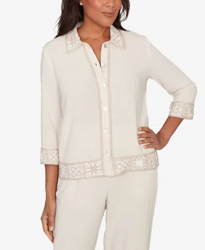 Alfred Dunner Women's Natural Wonder Embellished Crochet Trim Linen Jacket In Neutral