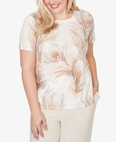 Alfred Dunner Women's Natural Wonder Feather Print Short Sleeve T-shirt In White
