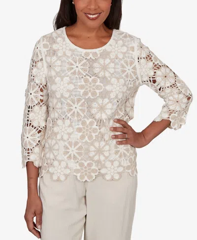 Alfred Dunner Women's Natural Wonder Floral Crochet Three-quarter-sleeve Top In Neutral
