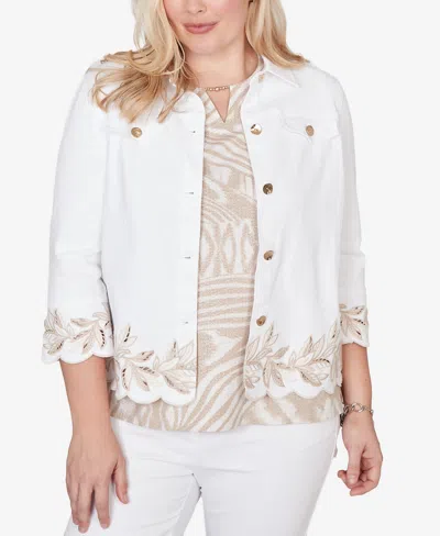Alfred Dunner Women's Natural Wonder Leaf Cutout Embroidered Shirt Jacket In White