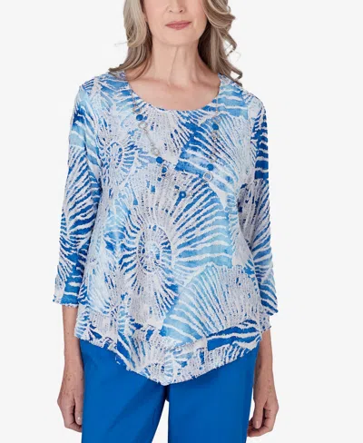 Alfred Dunner Petite Neptune Beach Seashell Embellished Necklace Top In Ocean Blue