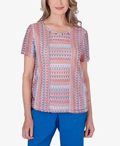 Alfred Dunner Petite Neptune Beach Textured Stripe Side Ruched Top In Pink