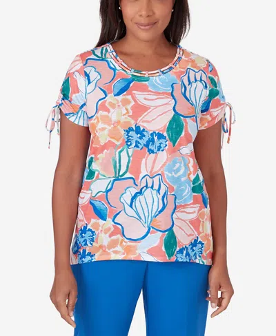Alfred Dunner Petite Neptune Beach Whimsical Floral Print Tie Sleeve Top In Coral