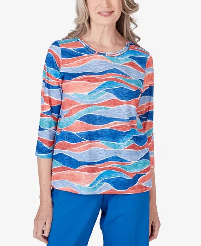 Alfred Dunner Petite Neptune Beach Crew Neck Beach Wave Top In Multi