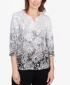 Alfred Dunner Plus Size Ombre Scroll Split Beaded Neck Top In Gray