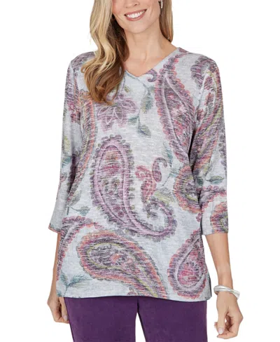 Alfred Dunner Women's Paisley V-neck 3/4 Sleeve Pullover In Multi