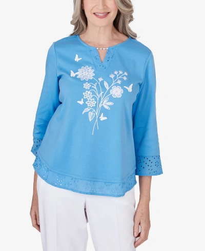 Alfred Dunner Plus Size Paradise Island Floral Embroidery Top With Eyelet Details In Perriwinkle
