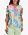 Alfred Dunner Petite Parrot Cay Textured Tropical Beaded Neck Top In Multi Green