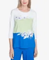 Alfred Dunner Plus Size Parrot Cay Tropical Colorblock Floral Crew Neck Top In Cobalt Multi