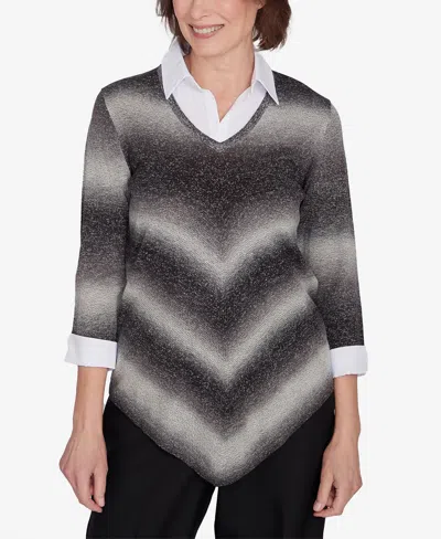 Alfred Dunner Classic Chevron Ombre Woven Sweater In Charcoal