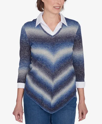 Alfred Dunner Classic Chevron Ombre Woven Sweater In Denim