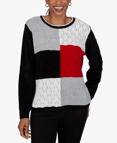 Alfred Dunner Women's Petite Colorblock Cable-knit Long-sleeve Crewneck Pullover In Black