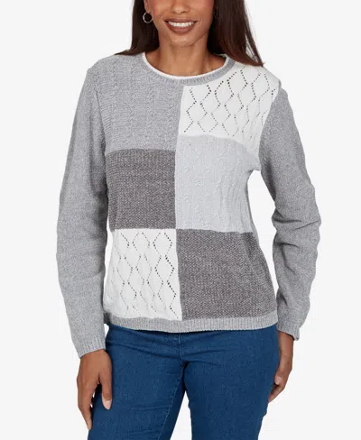 Alfred Dunner Women's Petite Colorblock Cable-knit Long-sleeve Crewneck Pullover In Grey