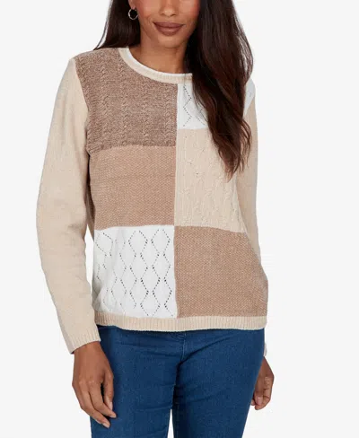 Alfred Dunner Women's Petite Colorblock Cable-knit Long-sleeve Crewneck Pullover In Tan