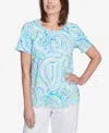 Alfred Dunner Petite Pleated Crew Neck Paisley Top In Mublue