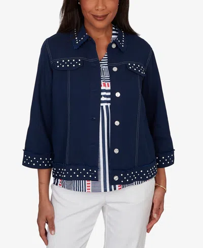 Alfred Dunner Women's Port Side Cultivated Pearl Trim Denim Jacket In Blue