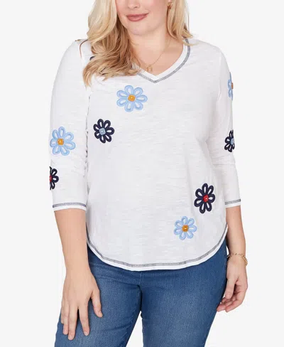 Alfred Dunner Women's Port Side Embellished Floral Button Top In White