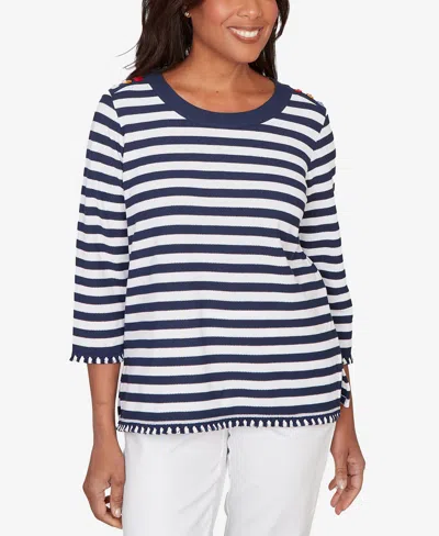 Alfred Dunner Women's Port Side Pique Stripe Button Detail Top In Blue