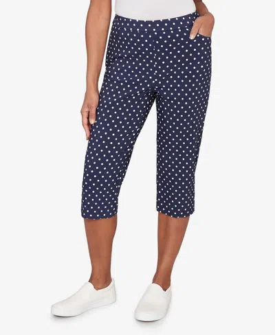 Alfred Dunner Women's Port Side Polka Dot Flat Front Denim Capri Jeans In Blue