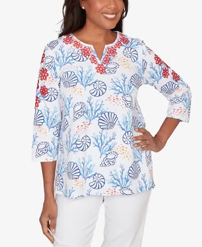 Alfred Dunner Women's Port Side Shell Print Embroidered Top In Multi