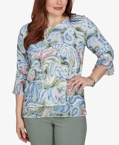 Alfred Dunner Women's Provence Paisley Woven Trim Knit Top In Blue