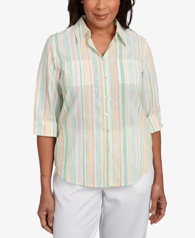 ALFRED DUNNER WOMEN'S RISE SHINE SUNNY STRIPES BUTTON DOWN COLLARED NECKLINE TOP