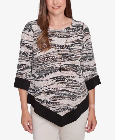 Alfred Dunner Petite Feather Solid Crew Neck Top With Necklace In Neutral Multi